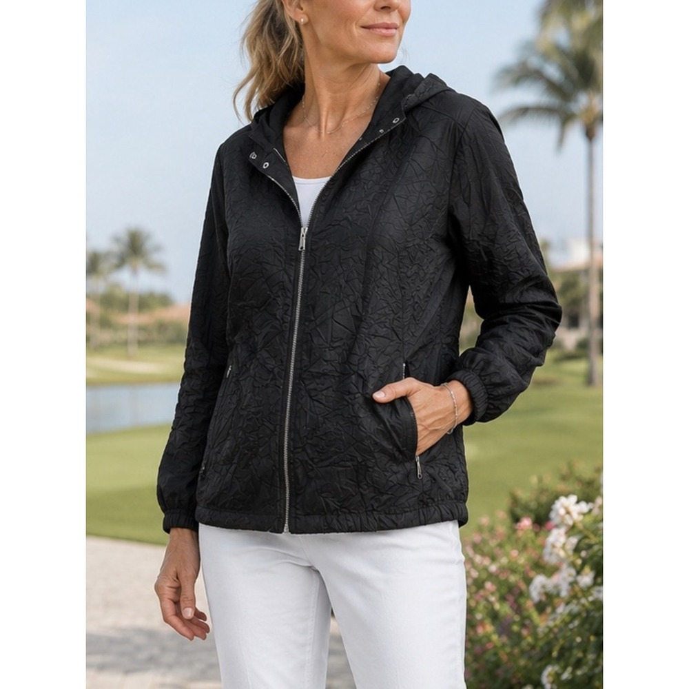 CHICO'S Zenergy Zip Up Jacket XL Hood Pockets Crinkled Golf Resort Sporty Black